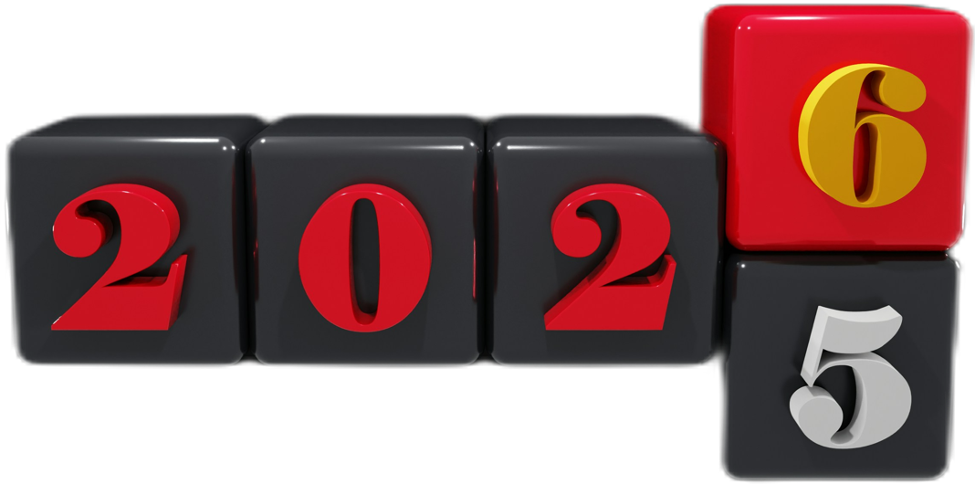 Blocks displaying the numbers "2025" with the last block partially rotated to show "6" on a black background.
